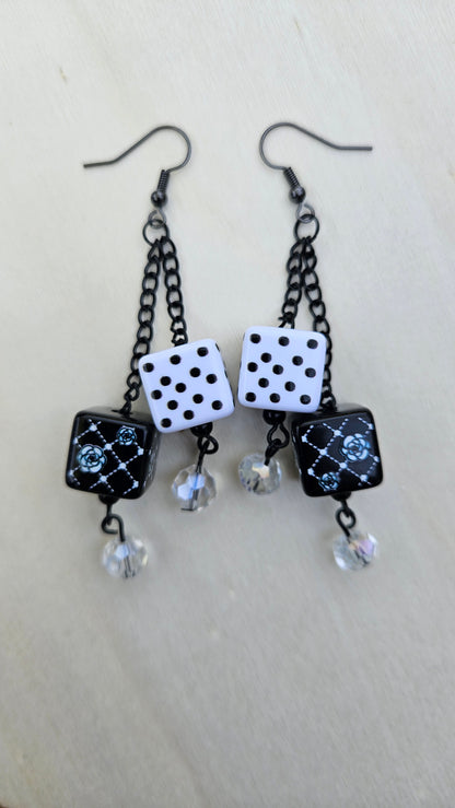 Black, Silver & White Dice Chain Dangle Earrings