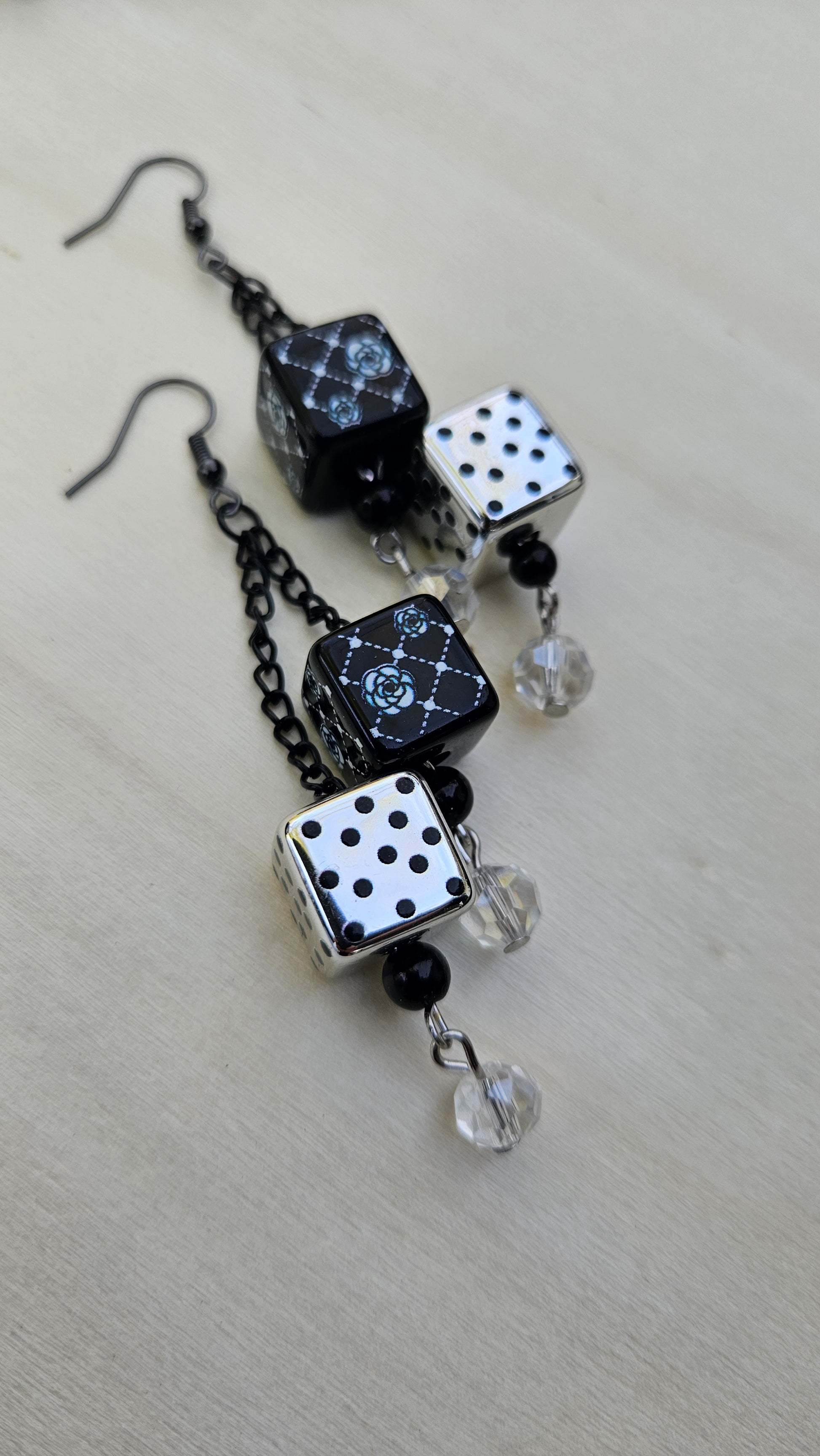 Black, Silver & White Dice Chain Dangle Earrings