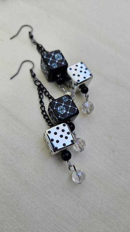 Black, Silver & White Dice Chain Dangle Earrings