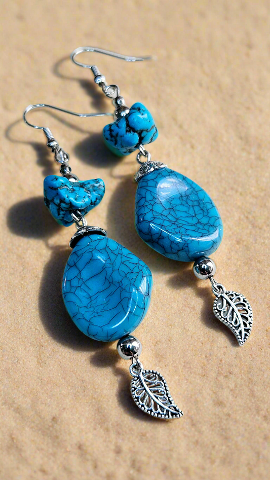 Bohemian Blue Turquoise & Silver Leaf Dangle Earrings
