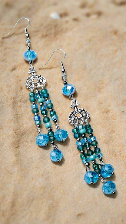 Boho Blue & Teal Silver Tassel Dangle Earrings