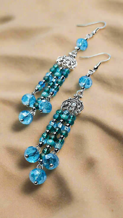 Boho Blue & Teal Silver Tassel Dangle Earrings