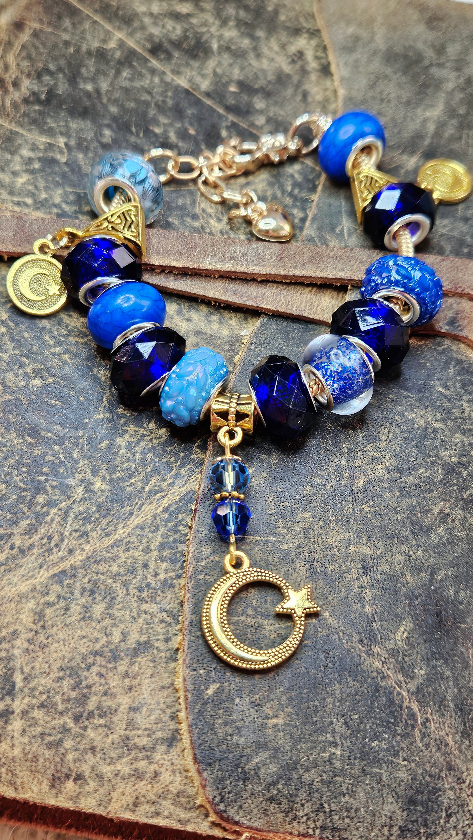 Bold Blue Cobalt & Gold Moon Charm Bracelet