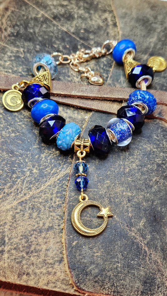 Bold Blue Cobalt & Gold Moon Charm Bracelet