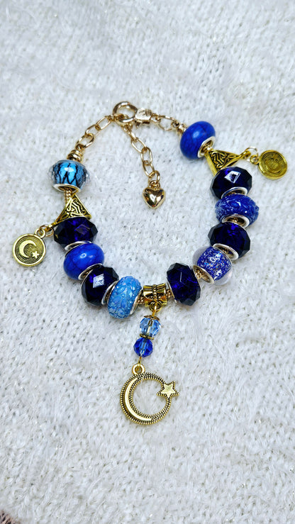 Bold Blue Cobalt & Gold Moon Charm Bracelet
