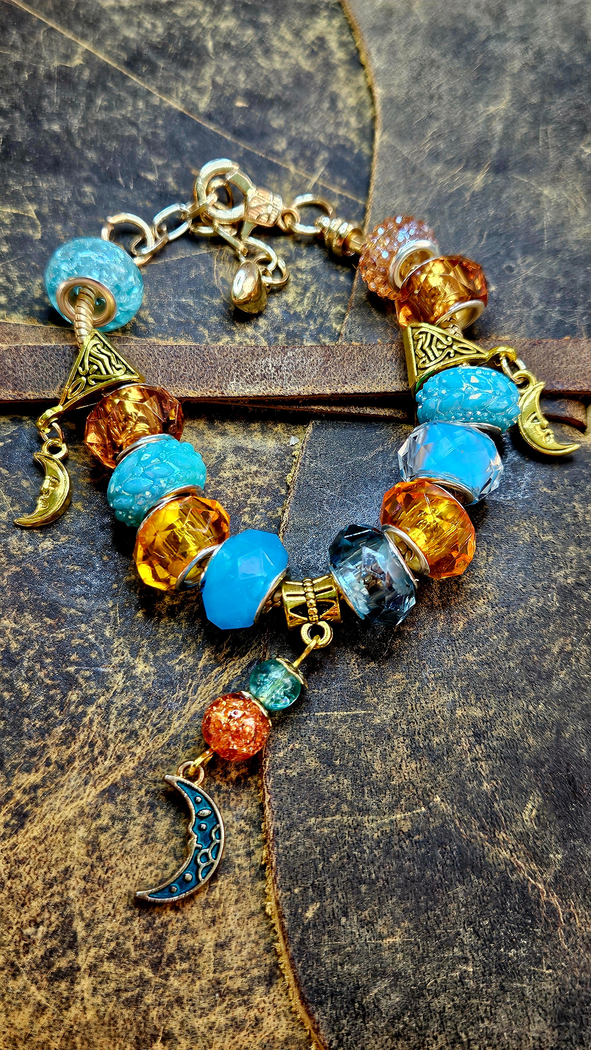 Bright Blue & Amber Moon Charm Bracelet