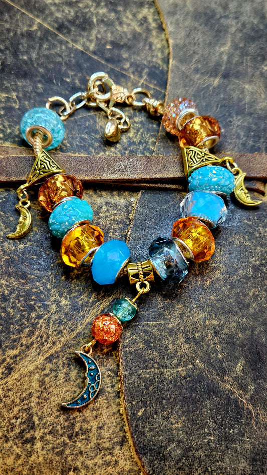 Bright Blue & Amber Moon Charm Bracelet