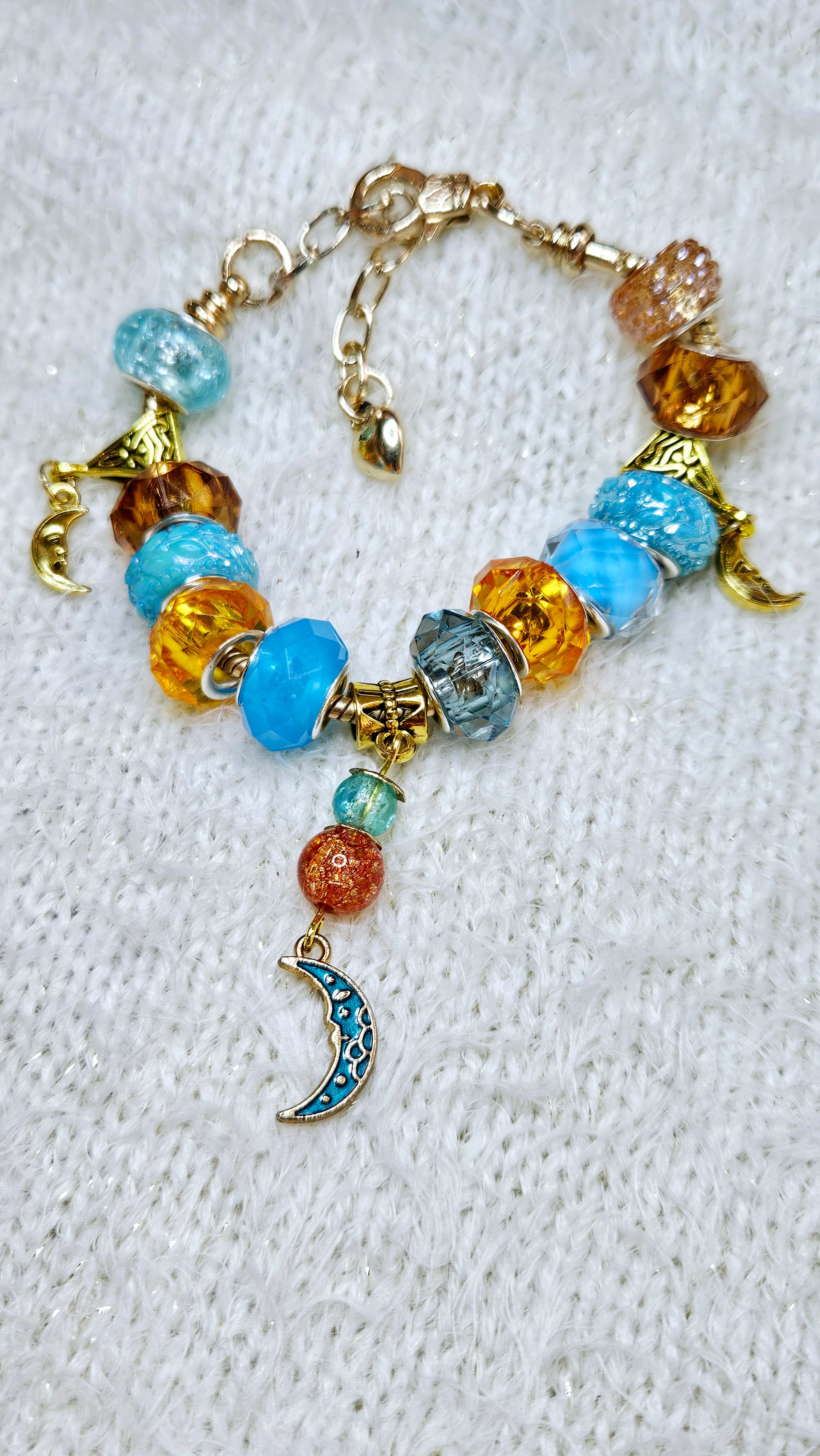 Bright Blue & Amber Moon Charm Bracelet