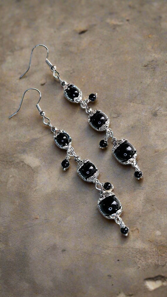 Cascading Black & Silver Trio Dangle Earrings