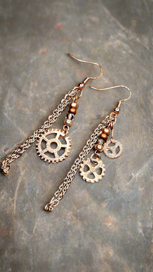 Copper Cogs & Chains Steampunk Dangle Earrings