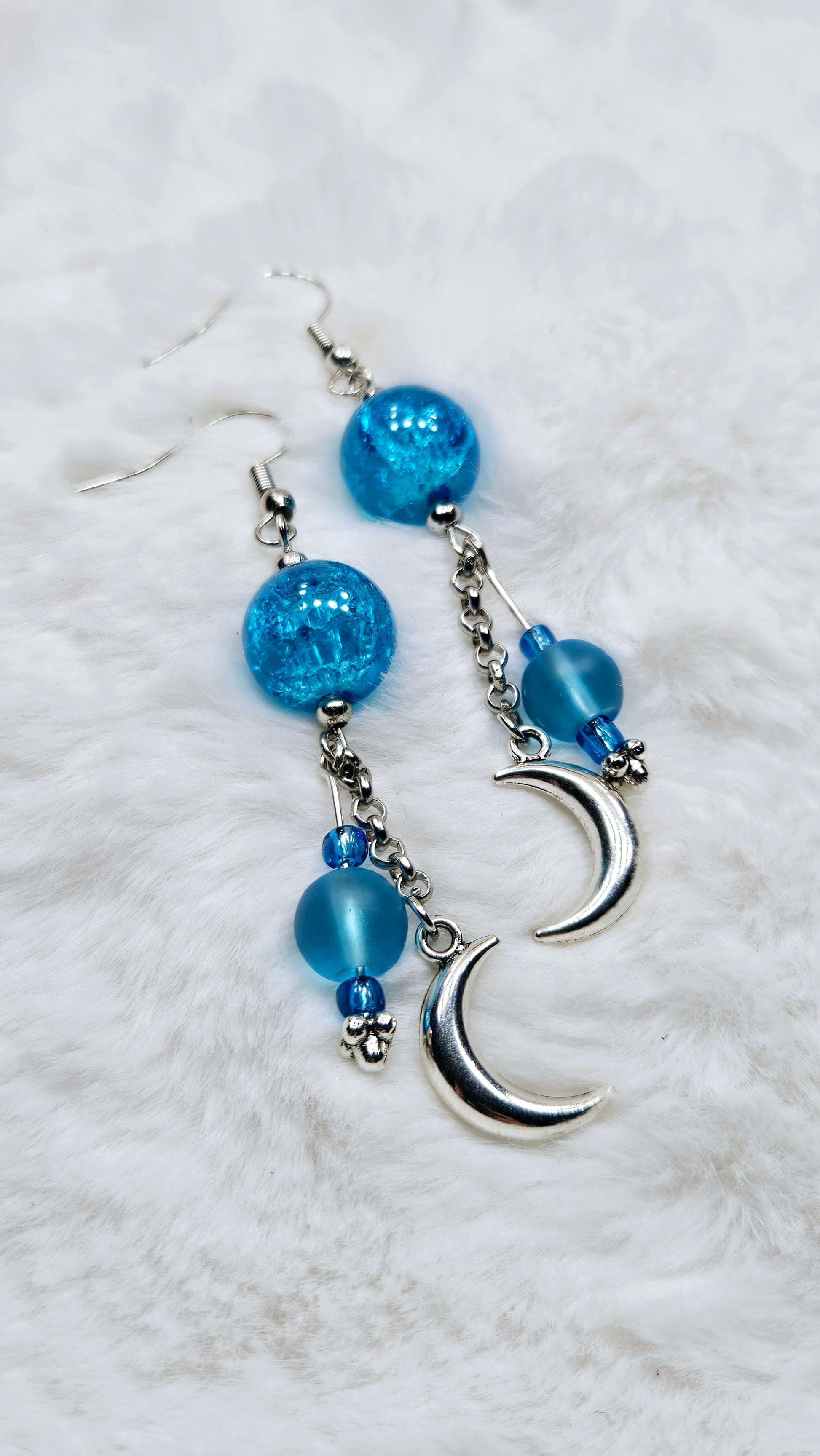 Crushed Blue & Silver Crescent Moon Charm Dangle Earrings
