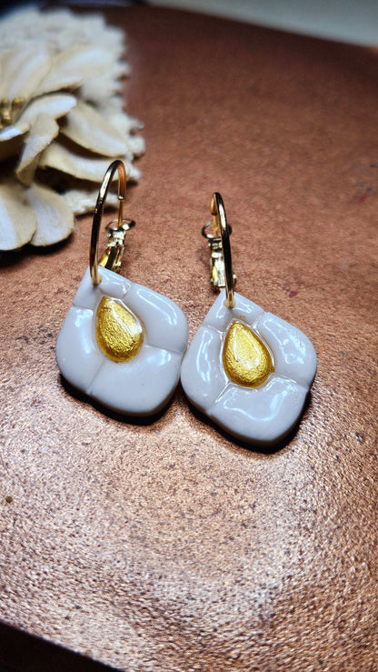 Cute White & Gold Clay Hoop Earrings