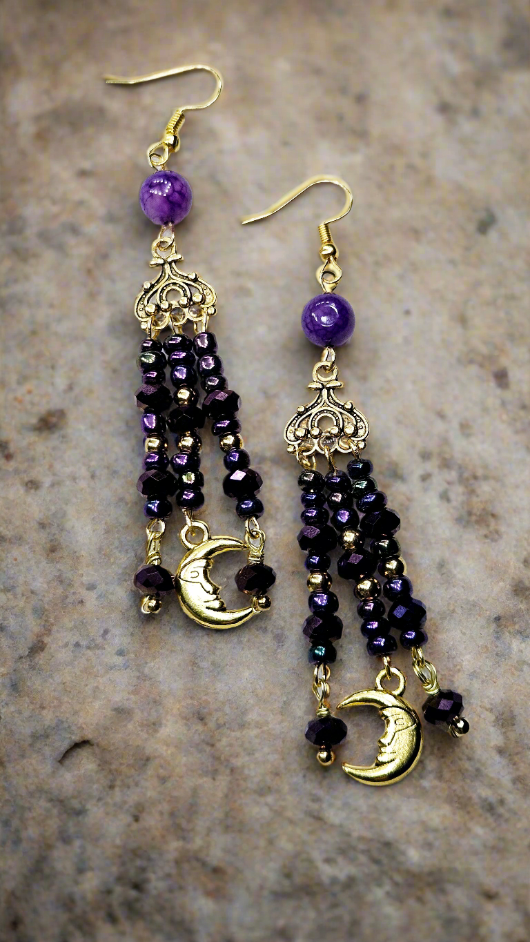 Dark Iridescent Purple & Gold Moon Charm Tassel Dangle Earrings