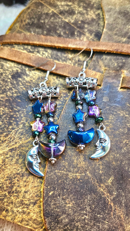 Dark Shimmery Stars & Silver Moonface Charm Dangle Earrings