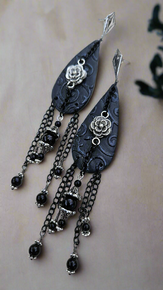 Dark Vicotrian Black Clay Teardrop & Silver Rose Chain Earrings