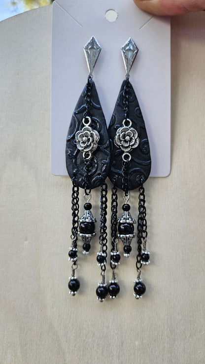 Dark Vicotrian Black Clay Teardrop & Silver Rose Chain Earrings