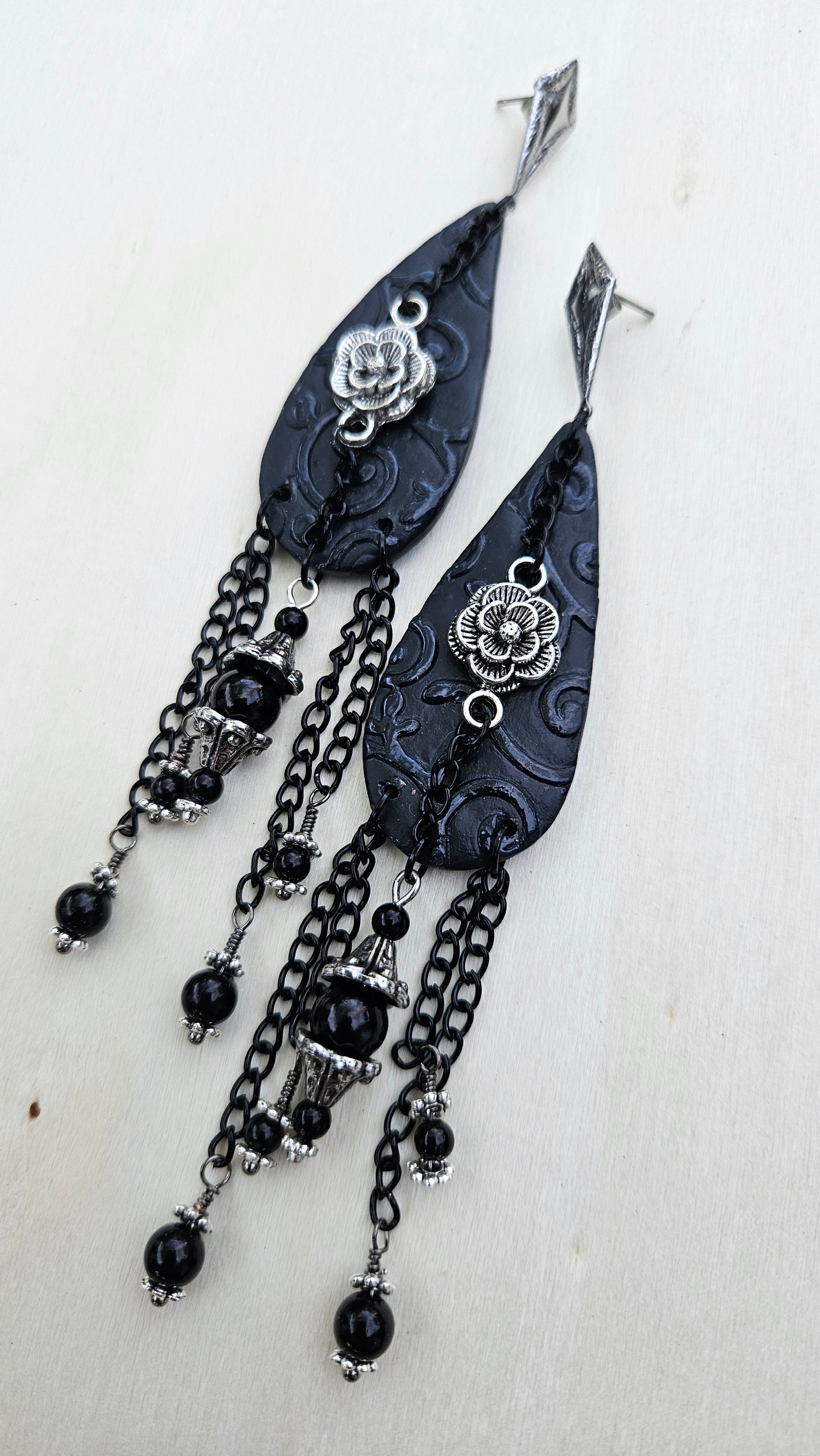 Dark Vicotrian Black Clay Teardrop & Silver Rose Chain Earrings