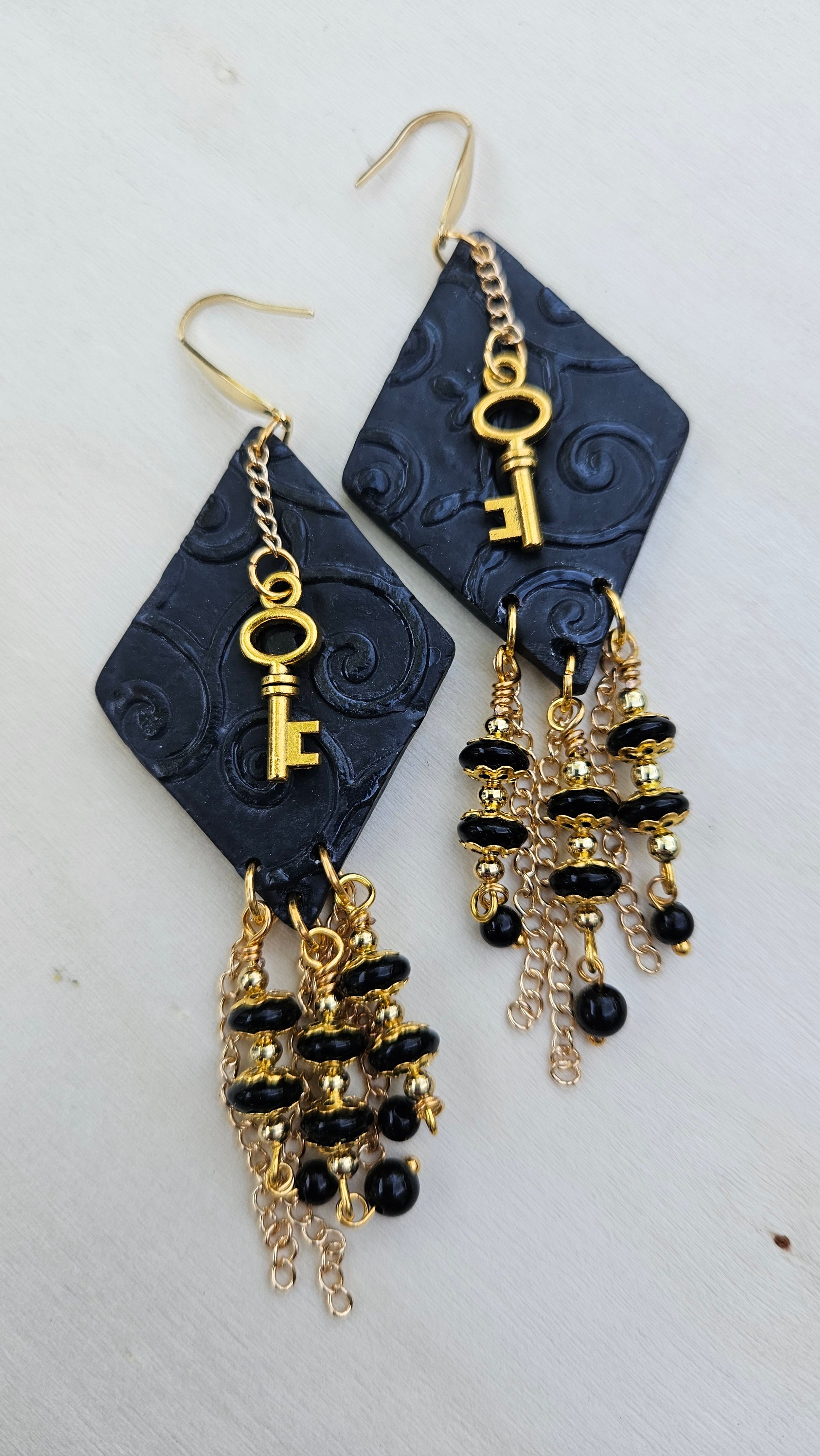 Dark Victorian Black Clay Diamond & Gold Skeleton Key Earrings
