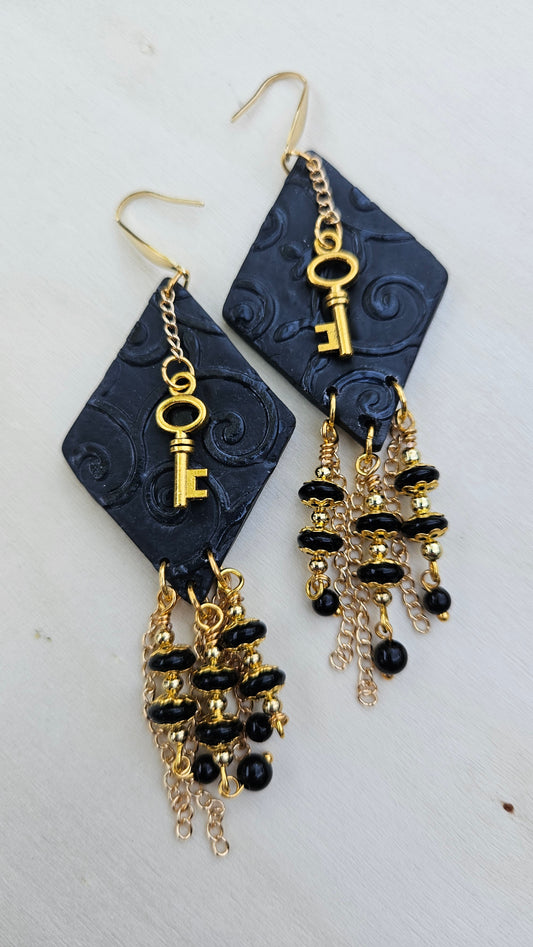 Dark Victorian Black Clay Diamond & Gold Skeleton Key Earrings