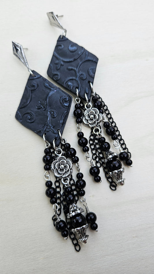 Dark Victorian Black Clay Diamond & Silver Rose Chain Earrings