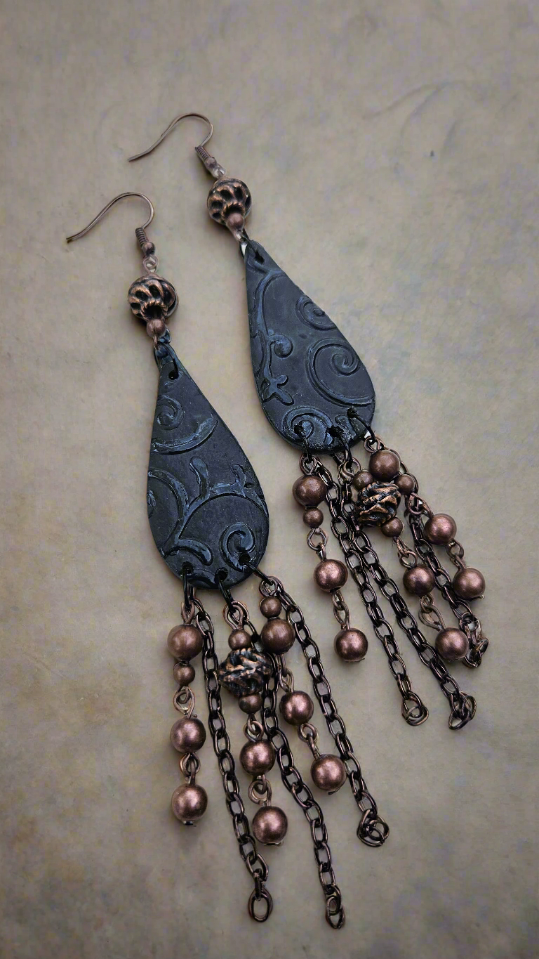 Dark Victorian Black Clay Teardrop & Black Copper Chain Earrings