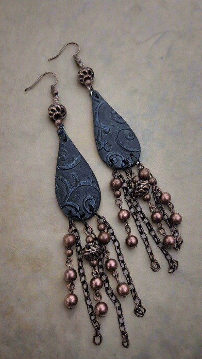 Dark Victorian Black Clay Teardrop & Black Copper Chain Earrings