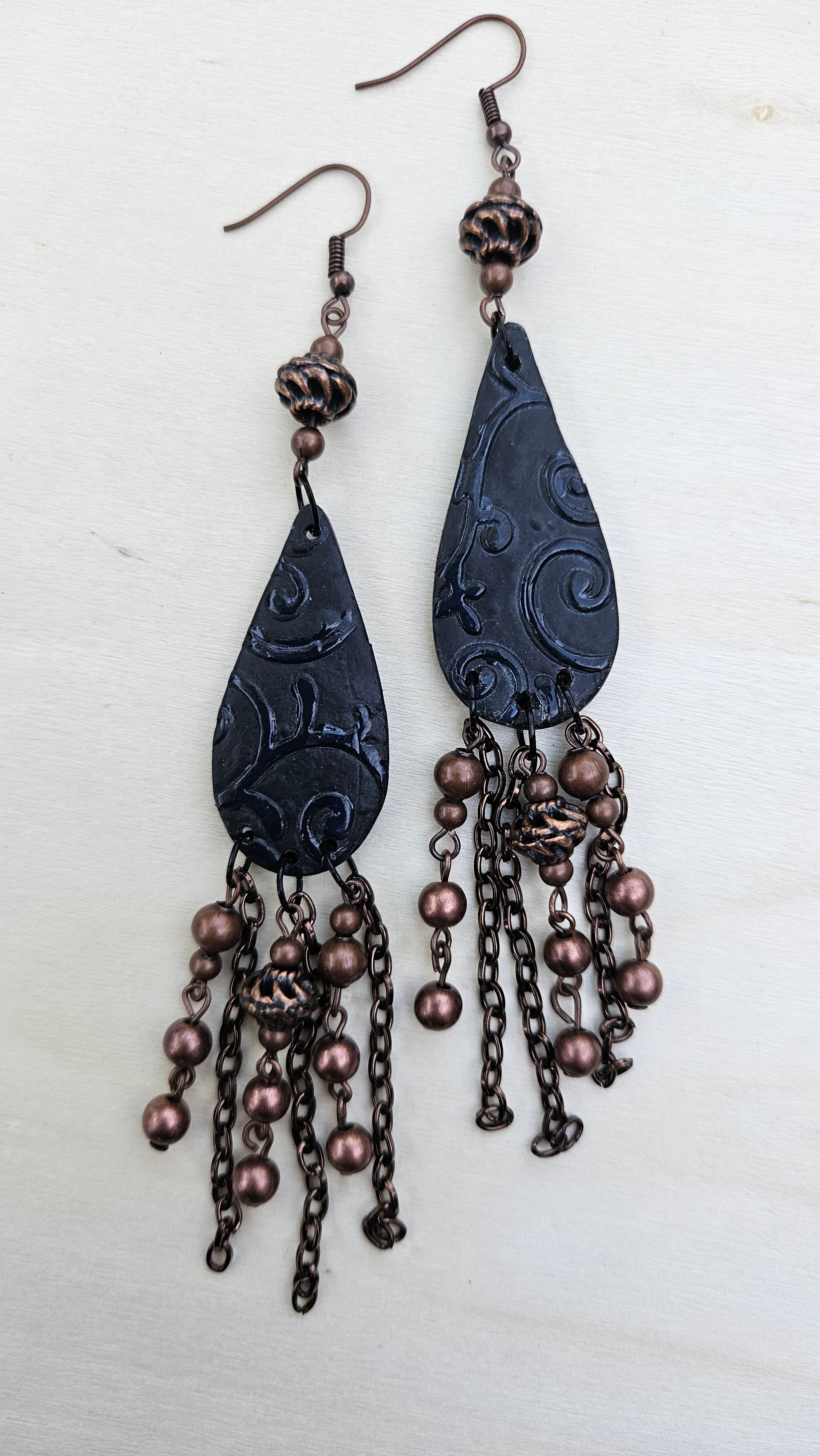 Dark Victorian Black Clay Teardrop & Black Copper Chain Earrings