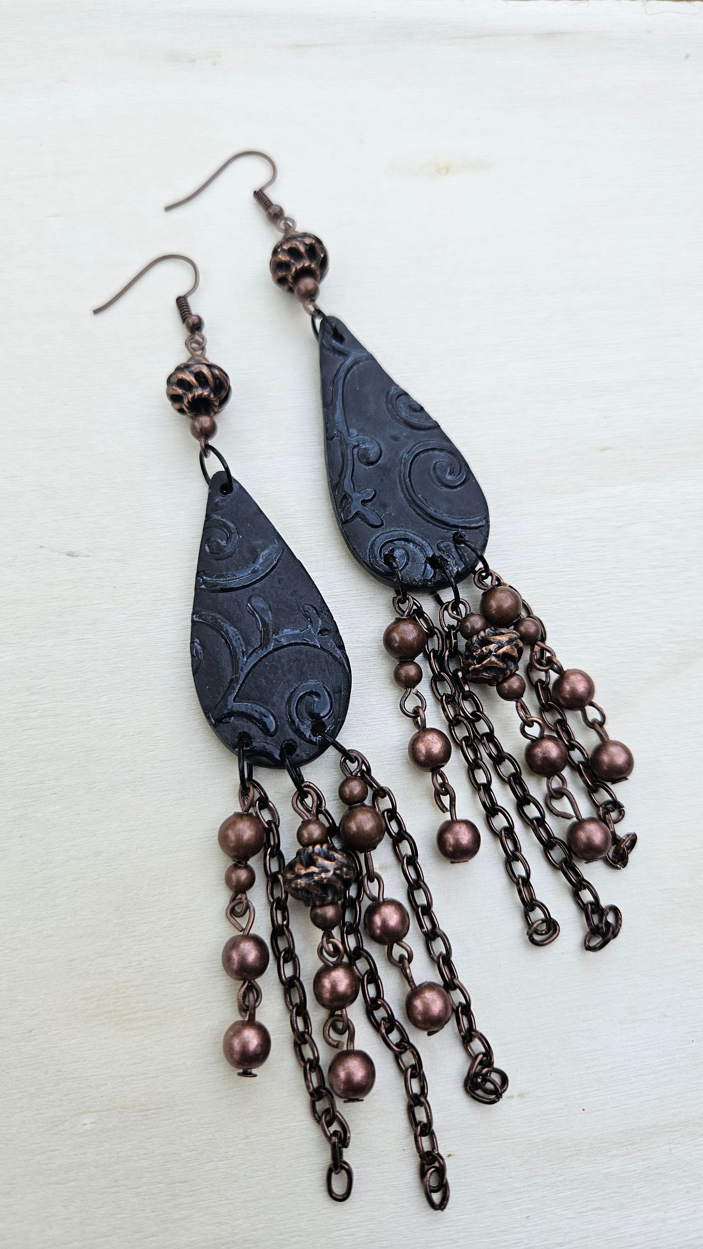 Dark Victorian Black Clay Teardrop & Black Copper Chain Earrings