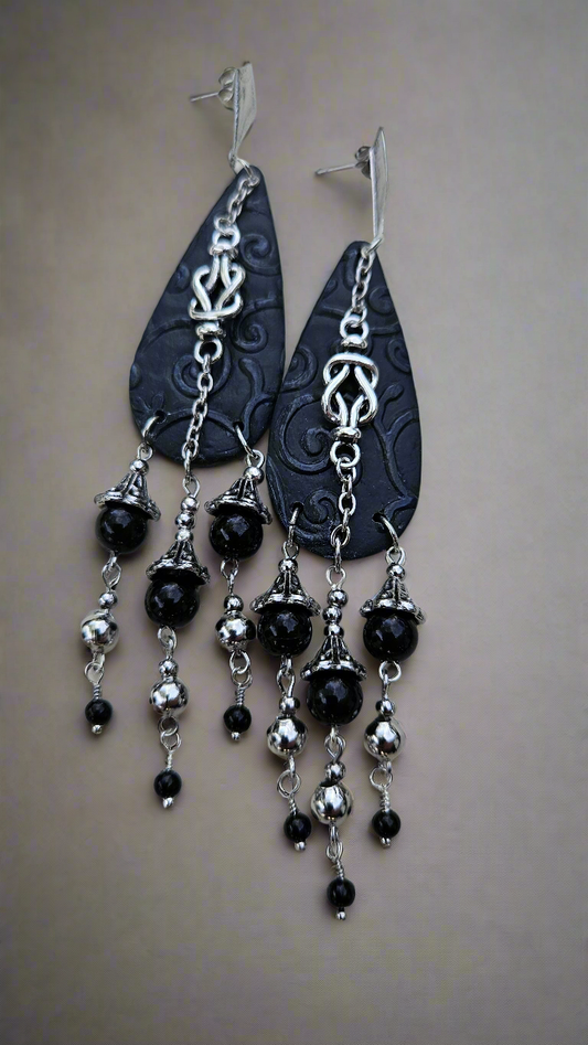 Dark Victorian Black Clay Teardrop & Silver Knot Dangle Earrings