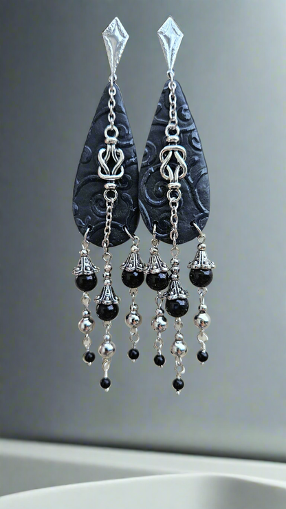 Dark Victorian Black Clay Teardrop & Silver Knot Dangle Earrings