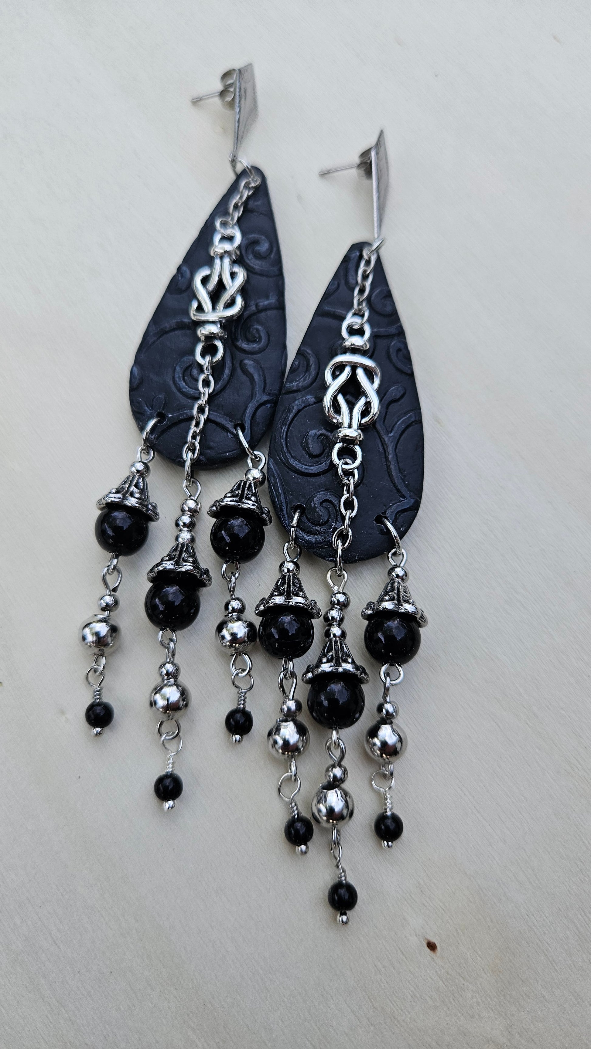 Dark Victorian Black Clay Teardrop & Silver Knot Dangle Earrings