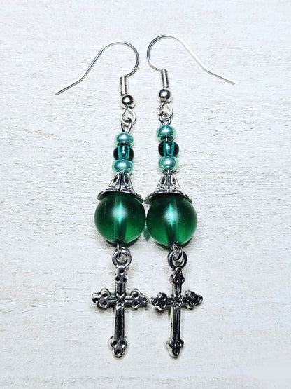 Green Frost Cross Earrings