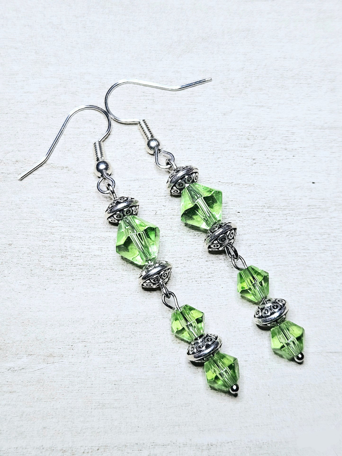 Simple Green & Silver Flower Dangle Earrings