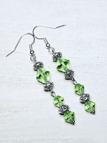 Simple Green & Silver Flower Dangle Earrings