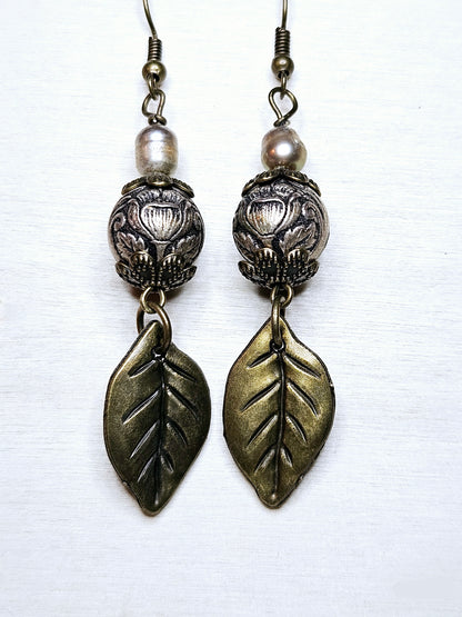 Antiqued Silver Art Nouveau Earrings with Freshwater Pearls & Antiqued Brass Leaf Dangles - 3"