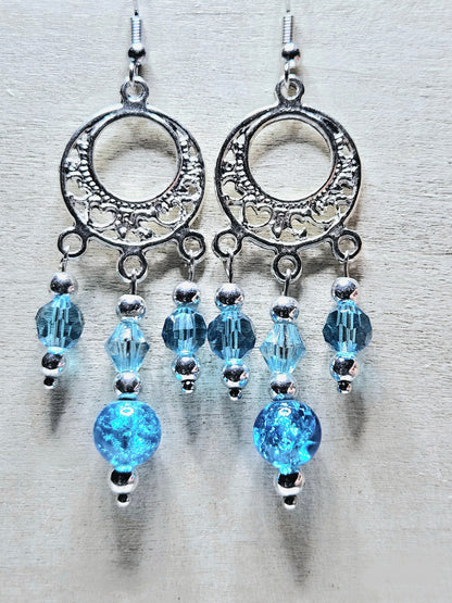 Silver Gypsy Chandelier Earrings with Blue Crushed Glass and Crystal Dangles - 2.5"