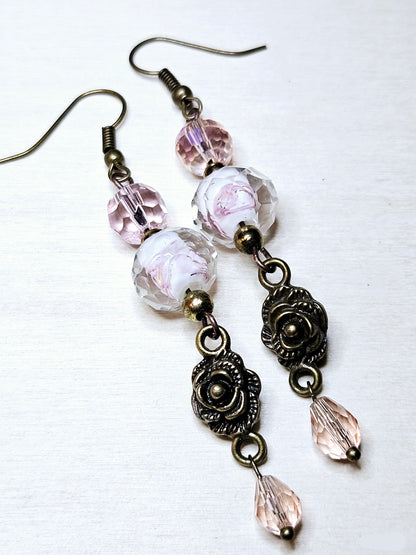Pink Hidden Flower Crystal Earrings with Antiqued Brass Roses and Crystal Dangles - 3½"