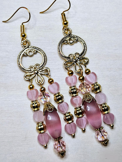 Gold Gypsy Style Chandelier Earrings with Pink Glass Hearts and Cateye Dangles - 3½"