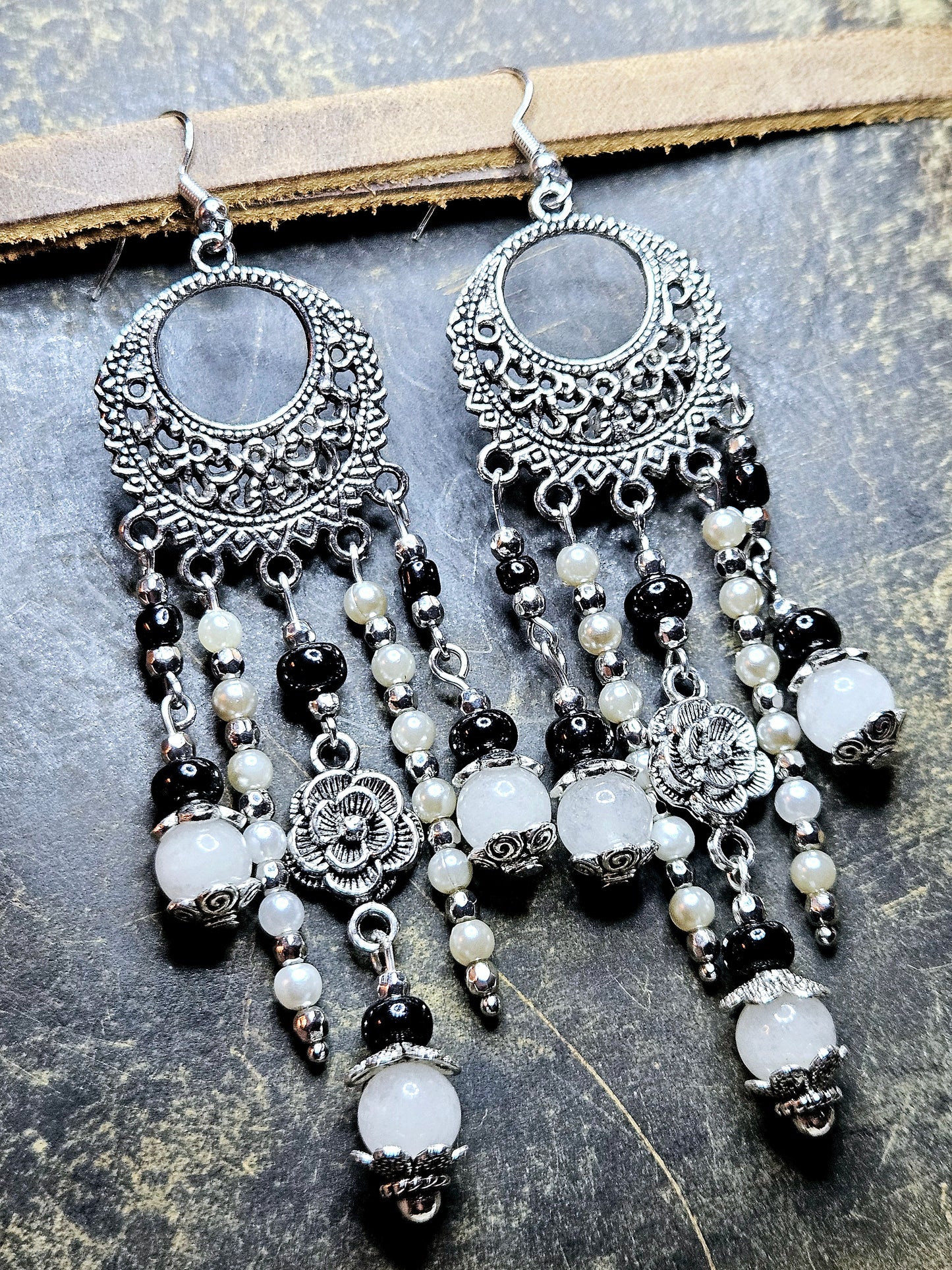 Long Antiqued Silver Gypsy Chandelier Earrings with Roses and Black & White Glass - 4"