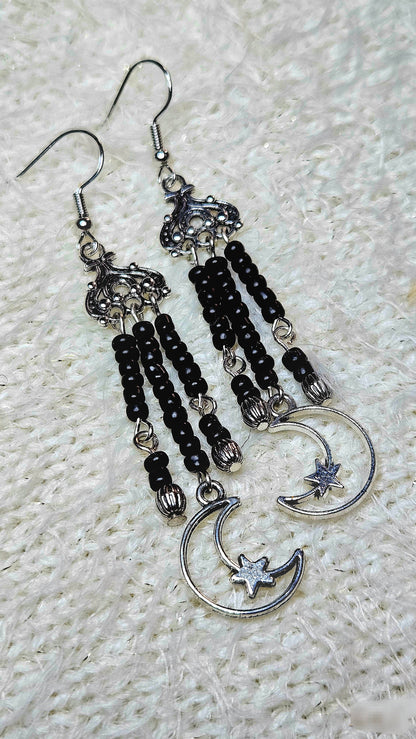 Black Moon-Star Silver Earrings