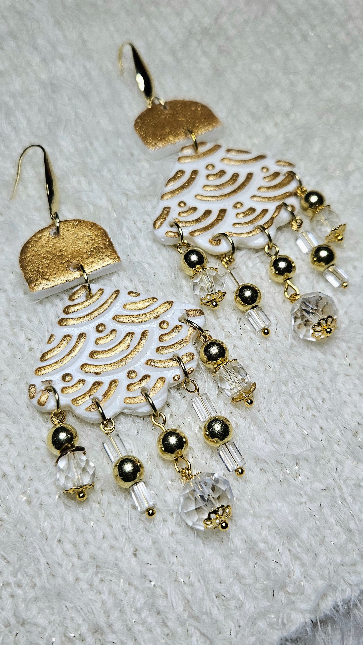 Bold Gold Clay Chandelier Earrings with Crystal Dangles - 3½"