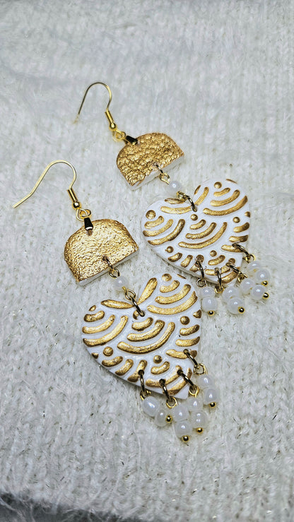 Bold Gold Clay Heart Earrings with White Glass Dangles - 3½"