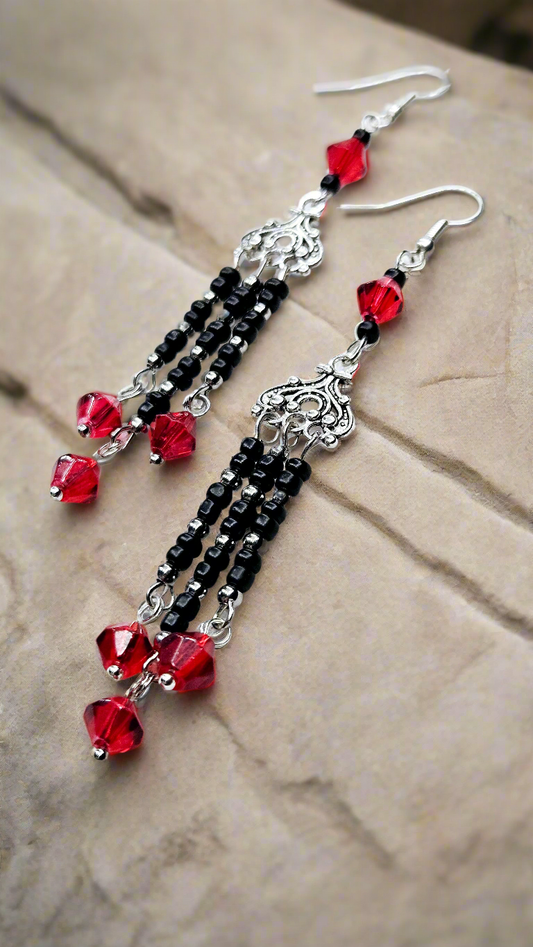 Edgy Red & Black Silver Tassel Dangle Earrings