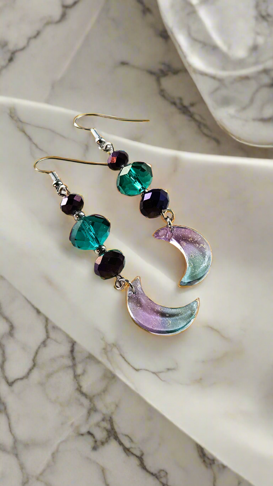 Emerald & Purple Gold Fleck Moon Charm Dangle Earrings
