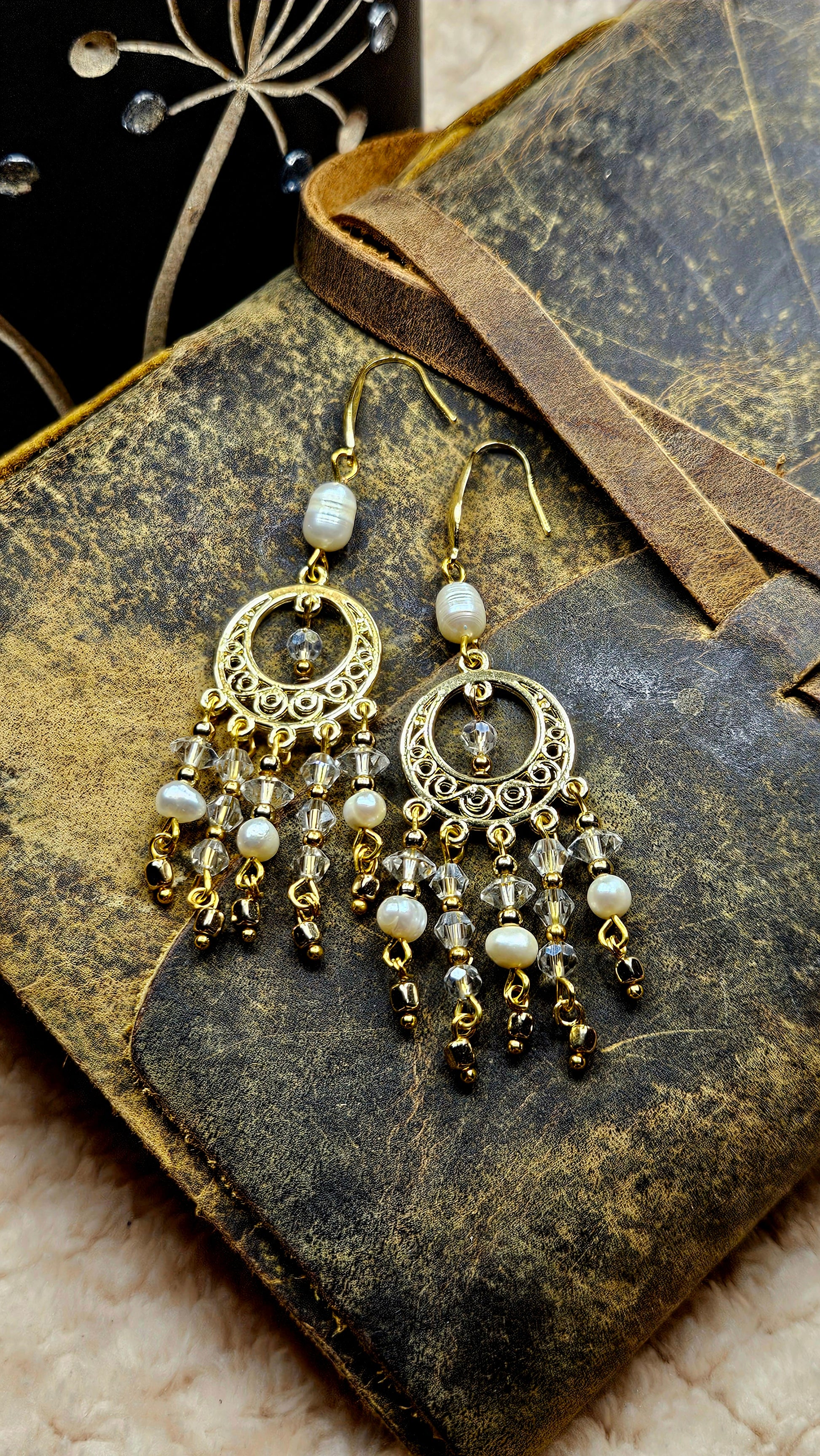 Gold Bollywood Pearls & Crystal Chandelier Dangle Earrings