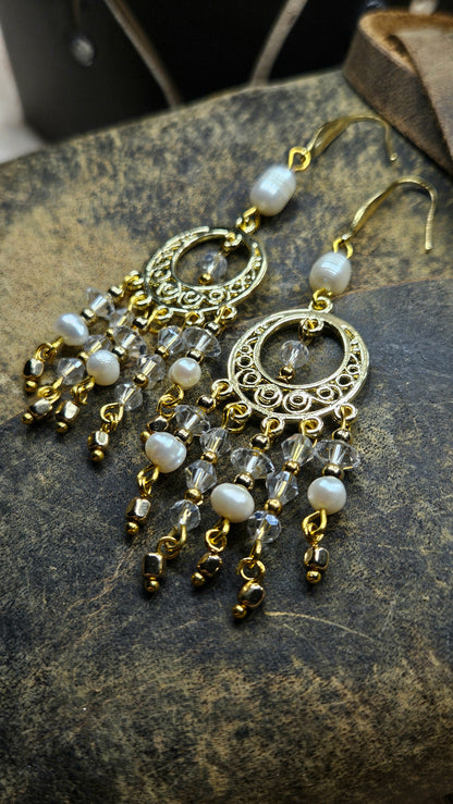 Gold Bollywood Pearls & Crystal Chandelier Dangle Earrings