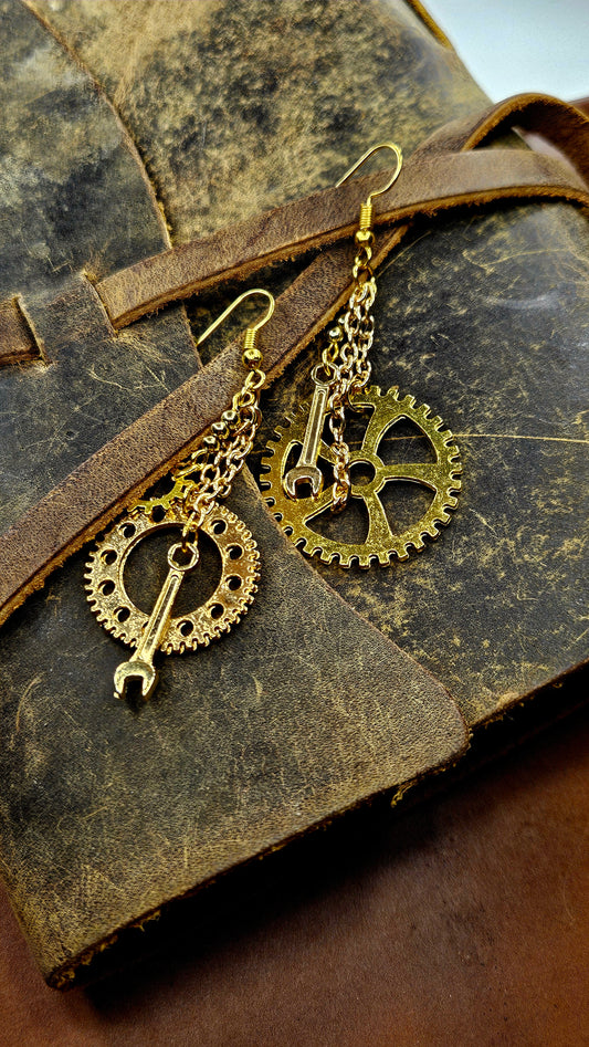Gold Cogs and Wrenches Chain Steampunk Dangle Earrings
