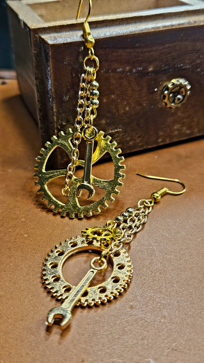 Gold Cogs and Wrenches Chain Steampunk Dangle Earrings