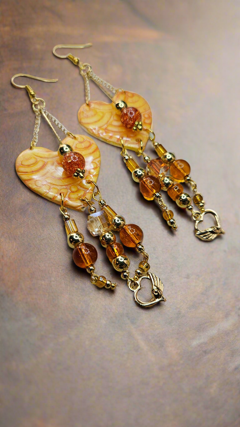 Gold Heart Charm & Amber Clay Heart Chandelier Earrings