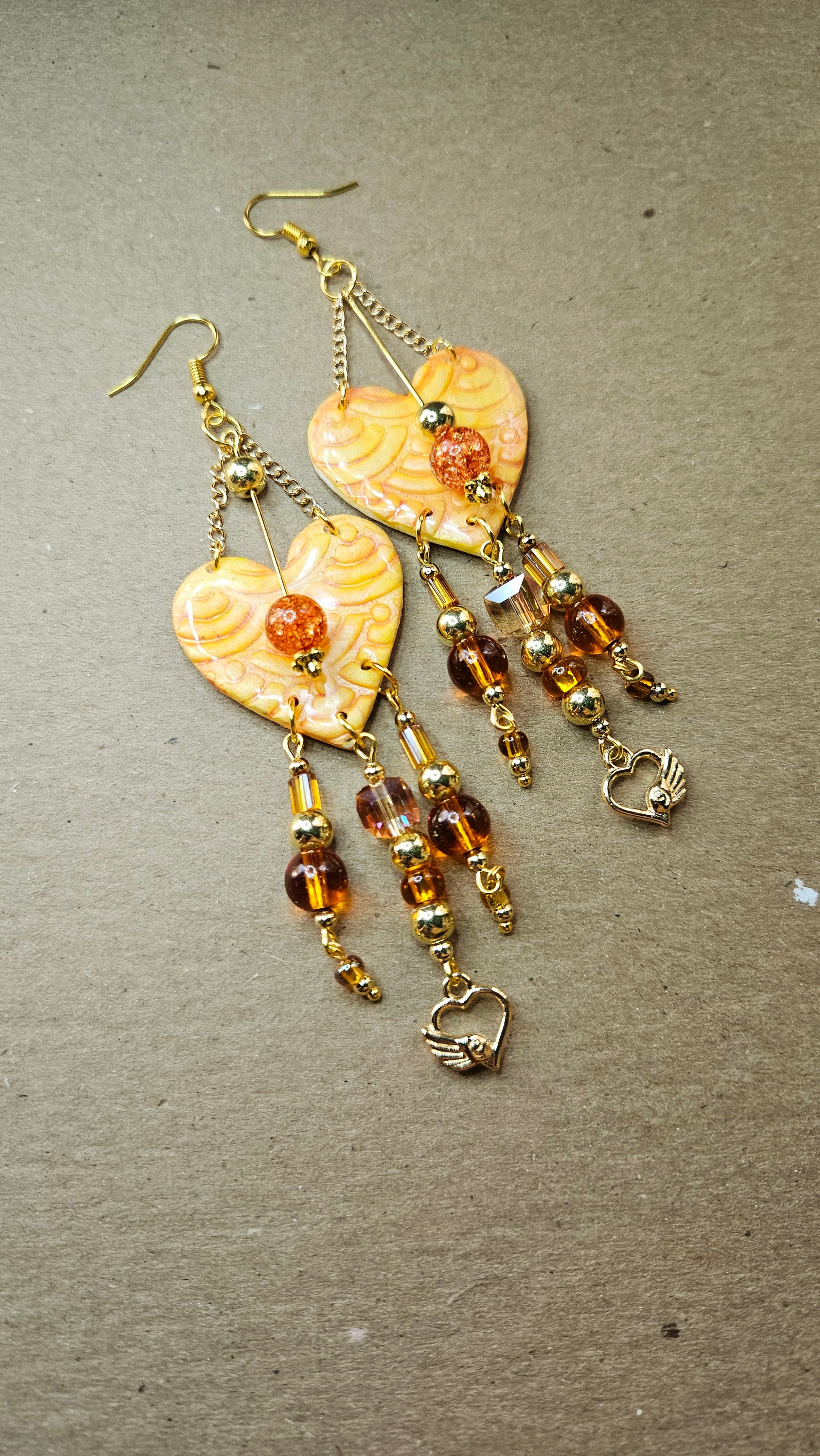 Gold Heart Charm & Amber Clay Heart Chandelier Earrings